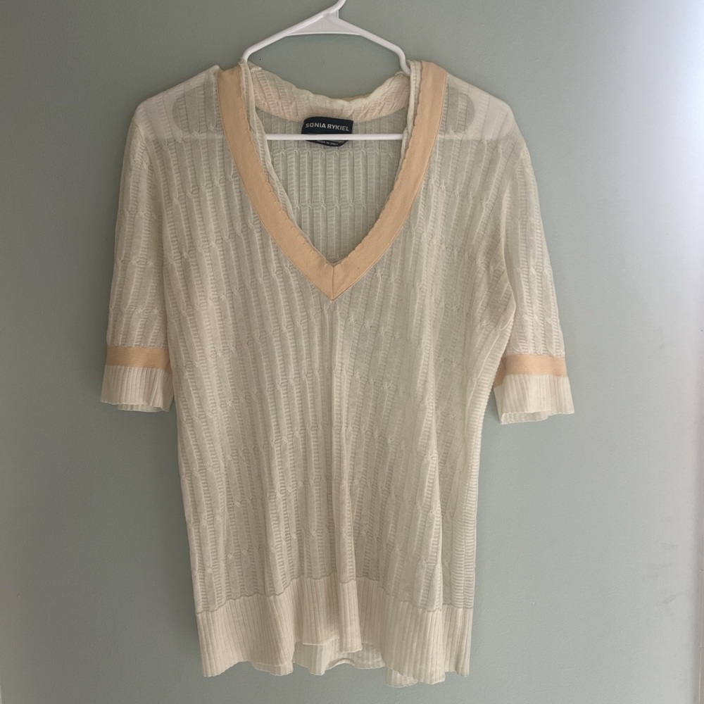 Sonia Rykiel cream women’s V-neck sweater with pink trim detail fit M fall top
